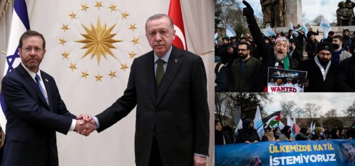 خليفة المسلمين أرطغرل أردوغان يحتضن رئيس الكيان الإسرائيلي